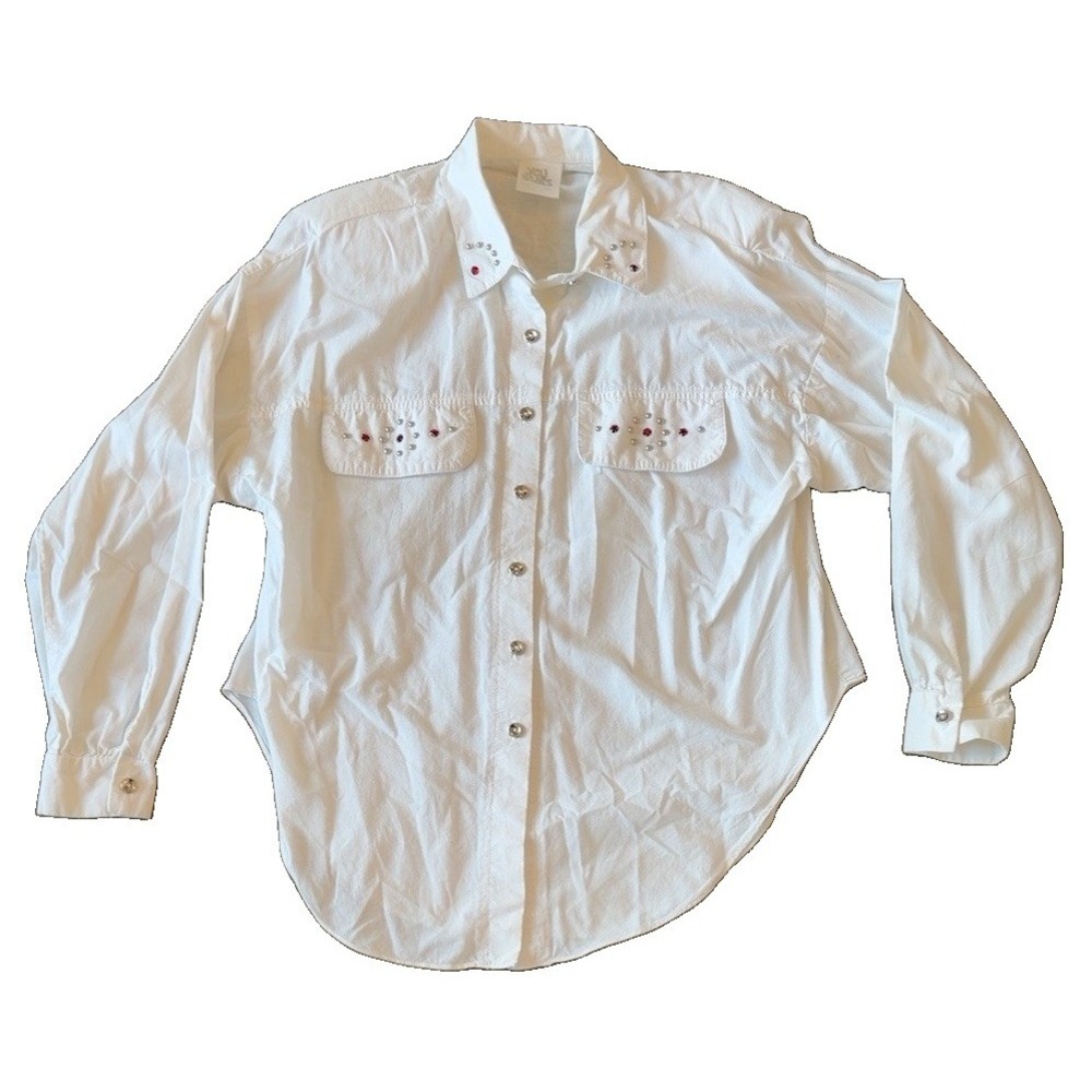 Vintage 80s You Babes Western Shirt L Rhinestone Shoulder Pads Cowgirl White